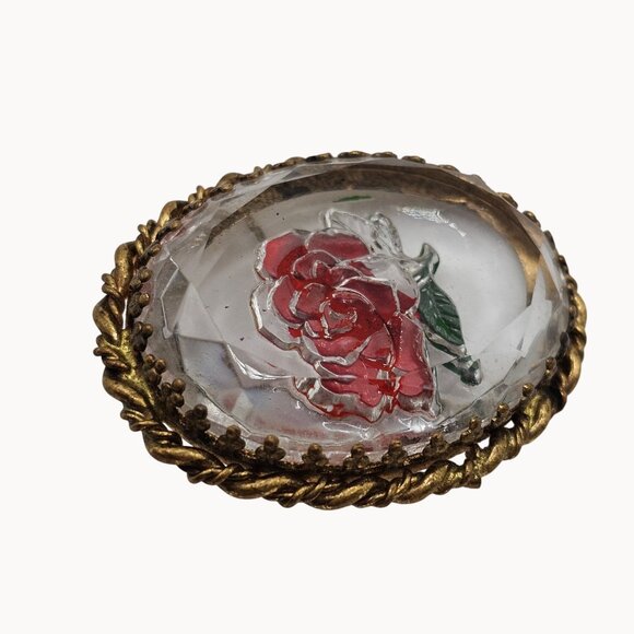 Vintage Gold-Toned Frame Clear Glass Red Handpainted Rose Brooch Fashion Jewelry - Picture 7 of 16